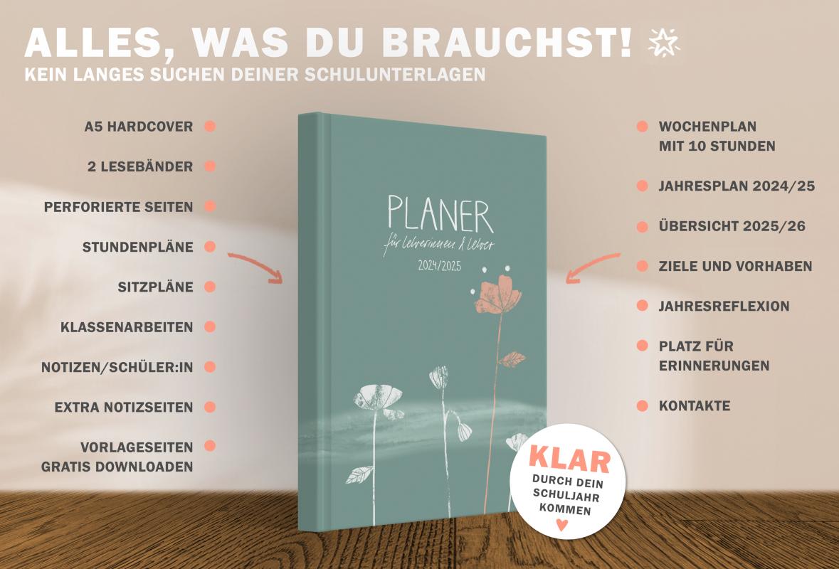 Lehrerkalender für Schuljahr 2024 2025, Salbei-Grün Weiß, mit Stundenplan, Klassenlisten, Kontaktlisten, Klassenarbeiten Planung, Vertretungsstunden, u.v.m.